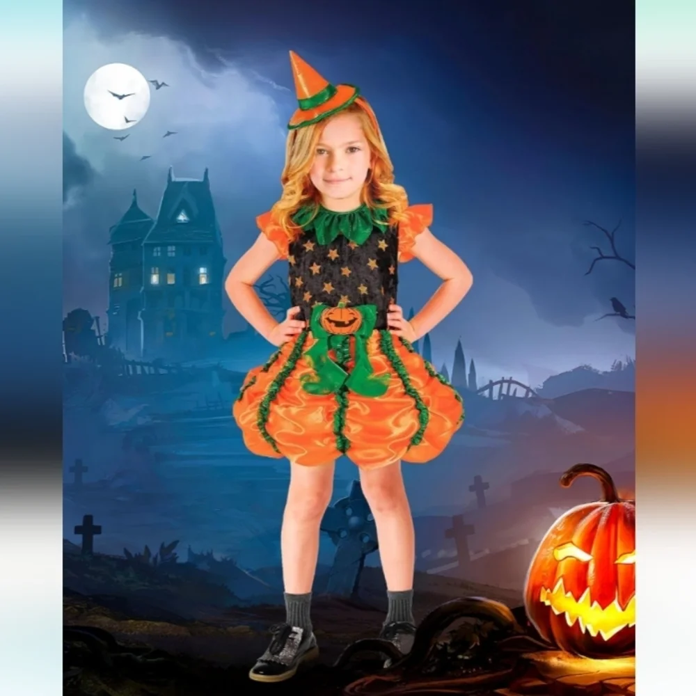 Halloween Pumpkin Witch Costume Orange Green and Black Dress with Mini H…
